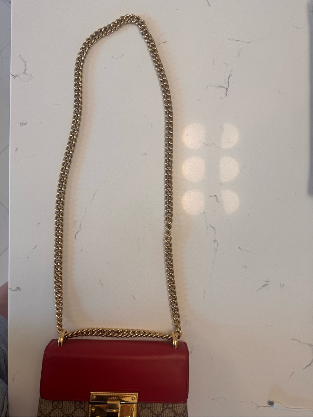 Gucci Red + Pink Leather & Monogram GG Canvas Crossbody with Gold Chain - Picture 6 of 12